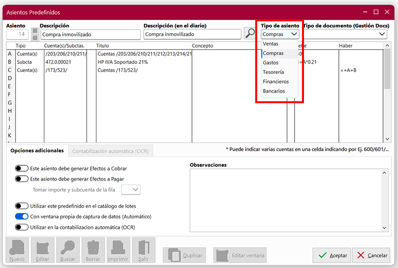 Ventana Asientos Predefinidos en ClassicConta 7.